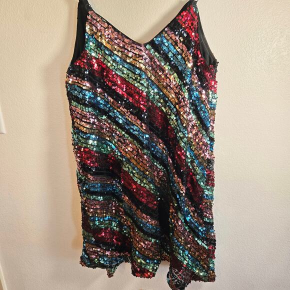 XL Multicolor Rainbow Sequin Party Dress–Black Lined Slip Dress Stretchy Sparkle - Picture 4 of 6